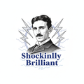 Vintage Tesla portrait with lightning bolts and text Shockingly Brilliant