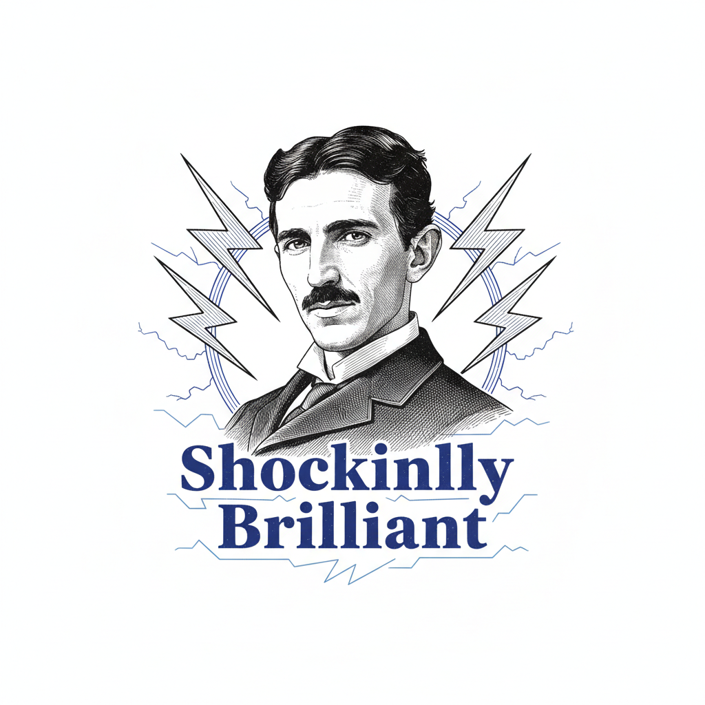Vintage Tesla portrait with lightning bolts and text Shockingly Brilliant