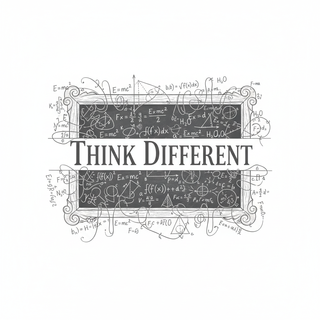 Vintage chalkboard with mathematical equations and text Think Different