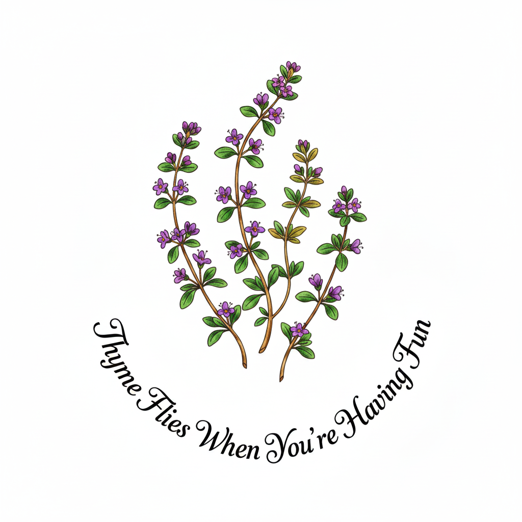 Vibrant watercolor thyme herb illustration with text Thyme Flies When You're Having Fun