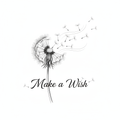 Elegant dandelion with floating seeds illustration with text Make a Wish