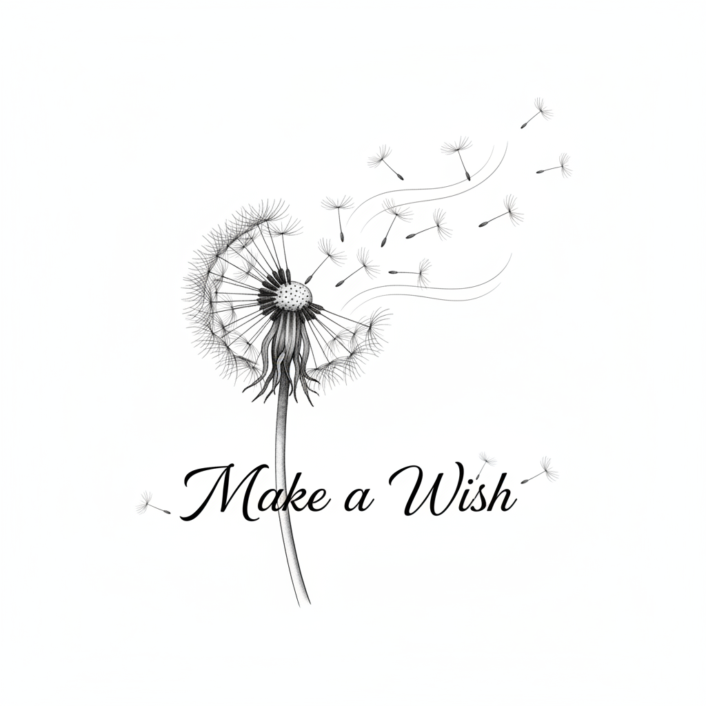 Elegant dandelion with floating seeds illustration with text Make a Wish