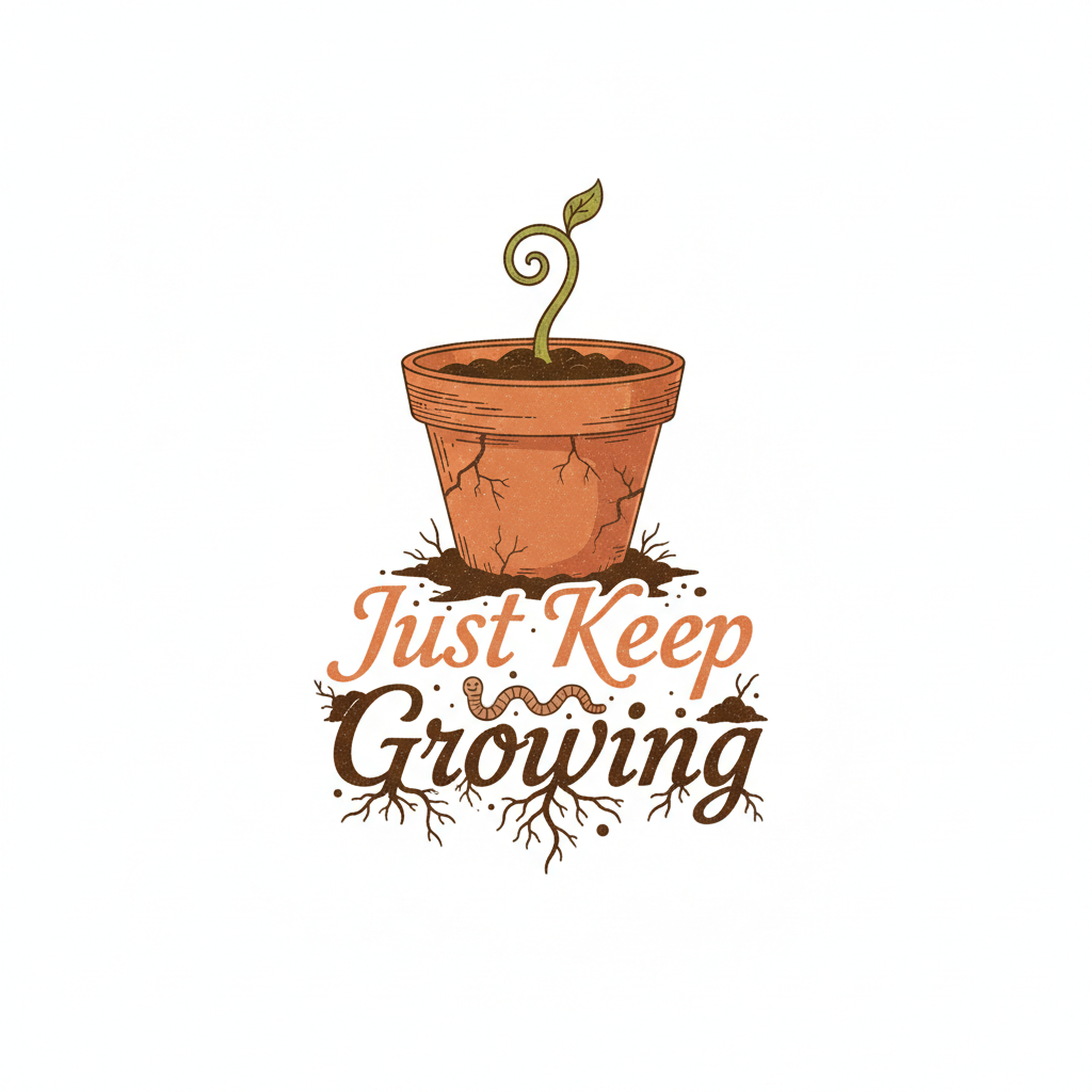 Vintage terracotta pot with tiny sprout emerging and text Just Keep Growing