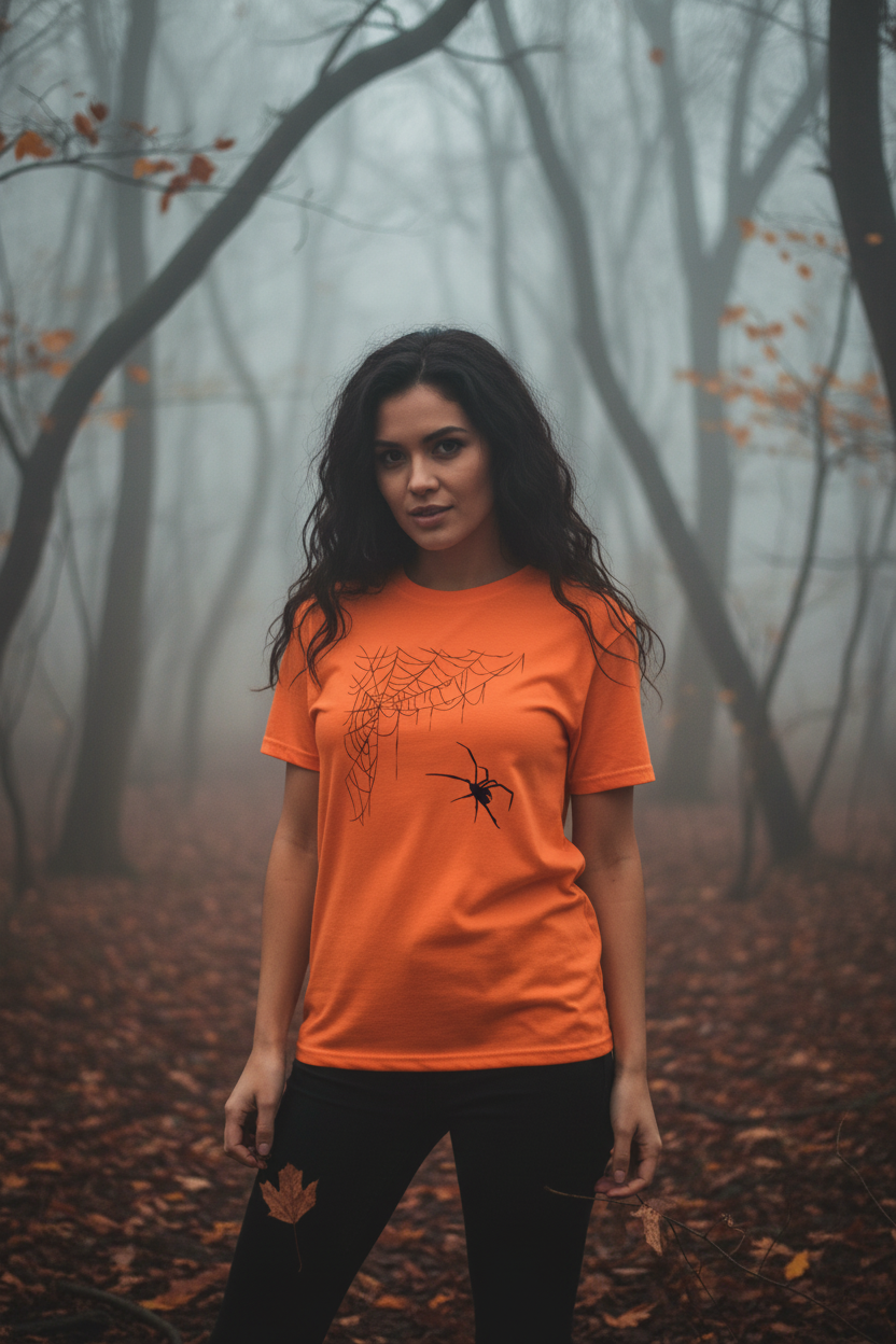 Person wearing Spider Web Halloween graphic tee in a spooky autumn forest