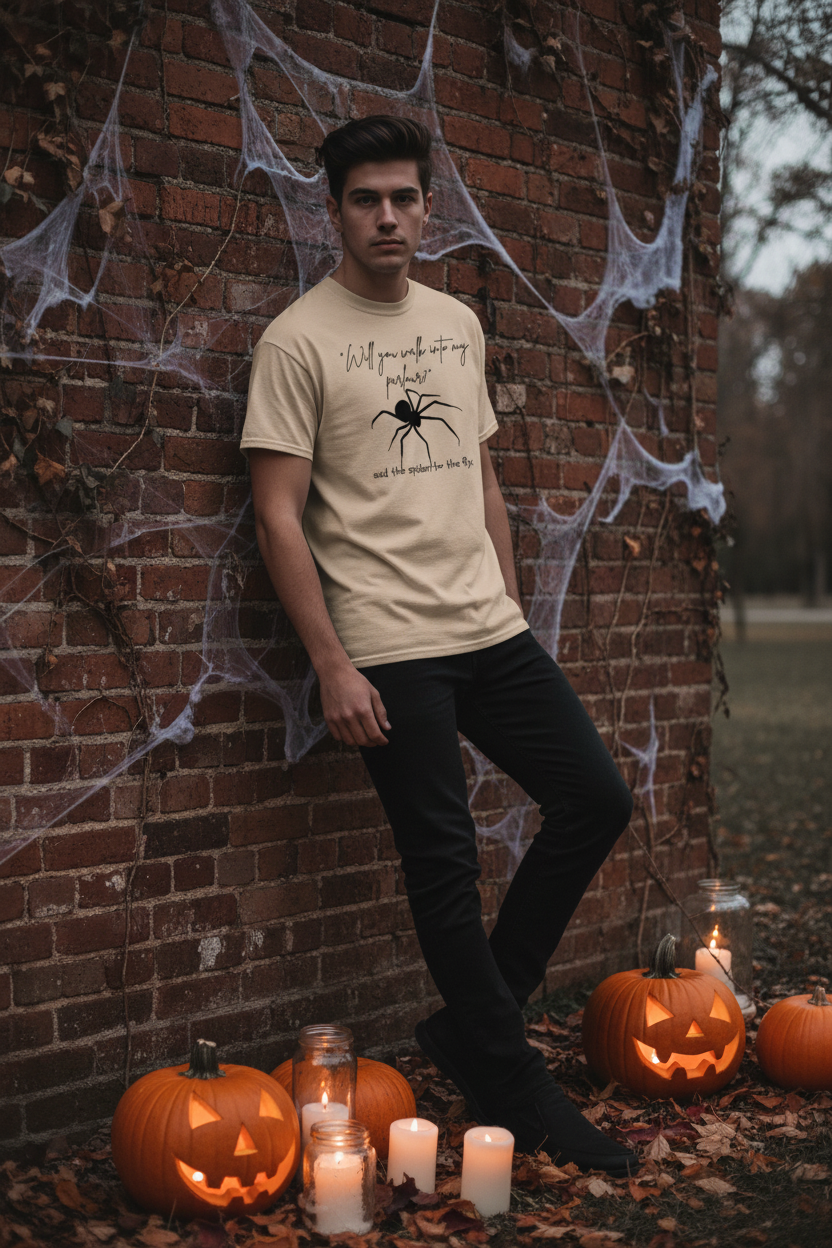 Person wearing Will You Walk Into My Parlour Halloween tee in a moody autumn setting