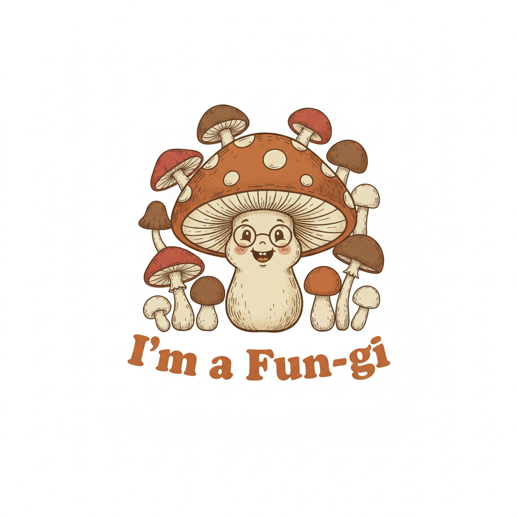 Charming vintage smiling mushroom illustration with text I'm a Fun-gi