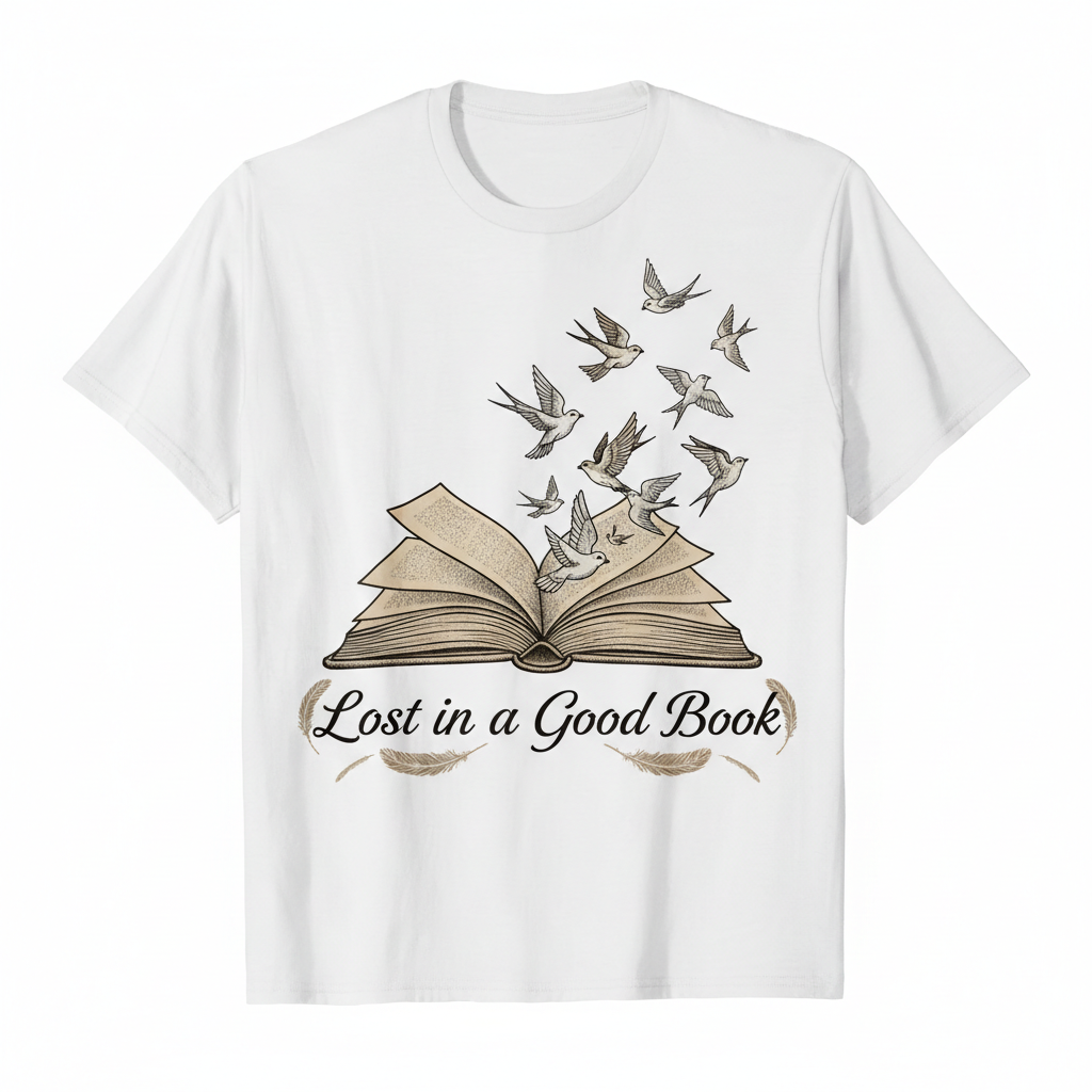 Vintage illustration of open book with pages turning into birds with text Lost in a Good Book