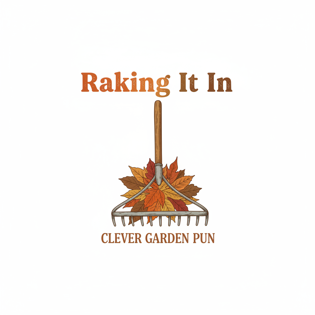Vintage garden rake with autumn leaves and text Raking It In