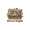 Vibrant raised garden bed with tomatoes herbs and flowers and text Raised Right